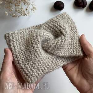 Wełniana opaska twist na głowę 100 alpaka - beżowa - ręcznie robiona, naturalne