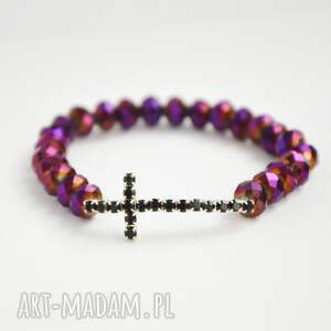 bracelet by sis czarny krzyż w fioletowych kryształach prezent, cyrkonie