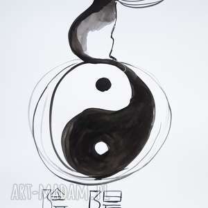 adriana laube art balans z kotem chiński znak równowagi yin i yang - akwarela