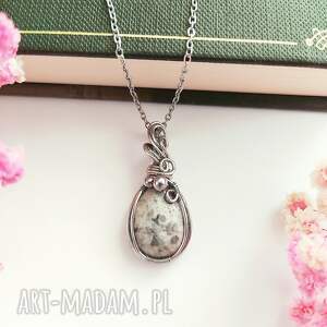 naszyjnik jaspis szary stal chirurgiczna wisiorek handmade wirewrapping