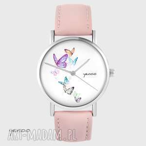 zegarek - motyle pudrowy róż, skórzany, grafika, prezent zegarki