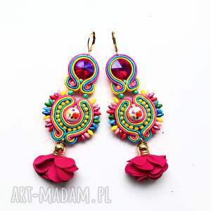 sutaszowe ręcznie haftowane Fuksja, kolczyki kwiat