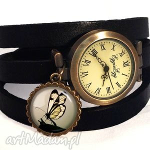zegarki motyl w sepii - zegarek / bransoletka na skórzanym pasku, modny kaboszon