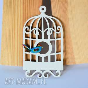 zawieszka drewniana - klatka z rajskim ptakiem, ptaszek, malowana