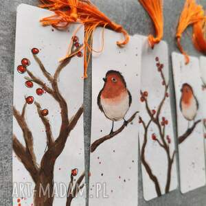 akwarela zakładka tasiemka książki rudzik ptak jarzębina prezent rękodzieło