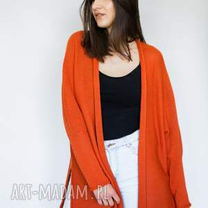 wiosenny luźny kardigan w kolorze pomarańczowym, sweter basic swobodny krój