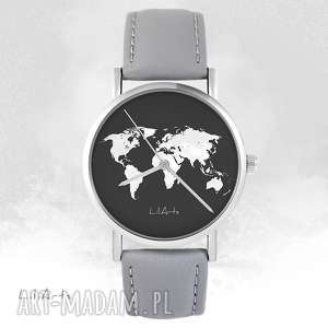 ręcznie robione zegarki zegarek - mapa świata - szary, skórzany