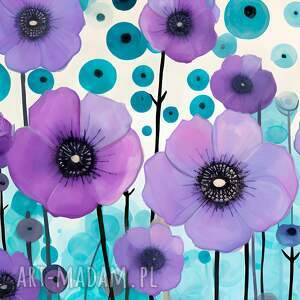 obraz na płótnie - kwiaty fiolet turkus łąka 120x80 cm 105601