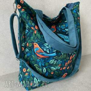 torba na ramię xxl - print ptaszki, wegańska, welur