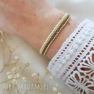 bransoletka kremowo - szara, biżuteria bransoletki szkło japońskie, beżowa nitka