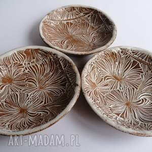 handmade ceramika trzy miseczki "kwiatowo - karmelowo"