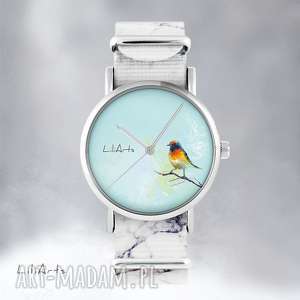 zegarek - kolorowy ptaszek marmurkowy, nato, bransoletka, prezent
