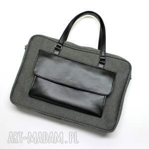 torba na laptop - tkanina szara i czarne dodatki, elegancka nowoczesna, prezent