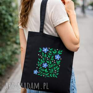 🌼 Czarna bawełniana torba z ręcznie haftowanym motywem niebieskich