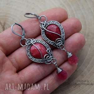 kolczyki jadeit i kwarc truskawkowy, stal chirurgiczna, wire wrapping