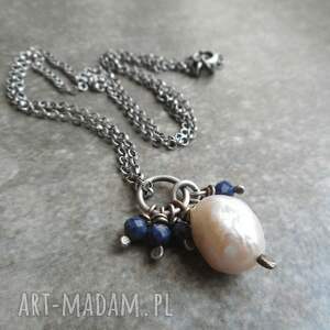 naszyjnik z perłą i szafirami, srebro kamienie naturalne