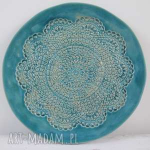 handmade ceramika turkusowa koronkowa patera