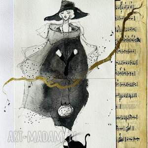 "muzyka skleja" collage (ręcznie pisane nuty, akwarele i złoty tusz) dama, retro, kot