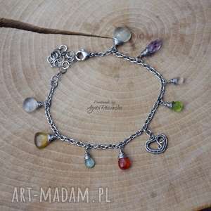 bransoletka kolorowa z sercem, wire wrapping, stal chirurgiczna, ametyst