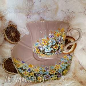 ceramika runo kwiatowe ręcznie malowany komplet, malowana porcelana, kubek