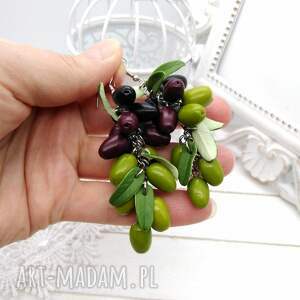 długie kolczyki grona oliwki czarne zielone brązowe liście, biżuteria z modeliny