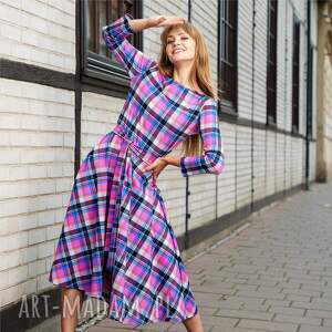 sukienka z bawełny flora różowa kratka, singiel jersey rozkloszowana pracy