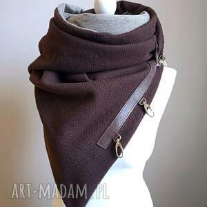 szaliki szal, chusta, ponczo, komin brązowy ze skórą - wełna