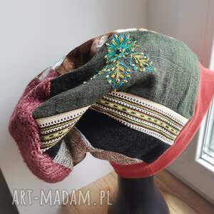 czapka patchworkowa uniwersalna na podszewce,box x1, turban folk, etno, boho