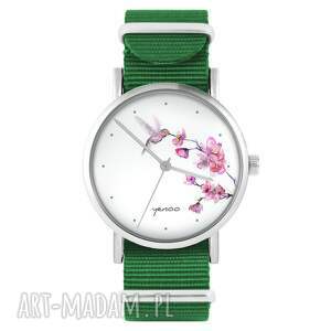 zegarki zegarek - koliber, oznaczenia zielony, nylonowy, kwiaty, wiśnia