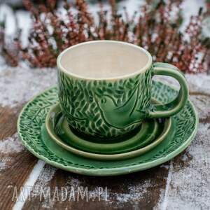 handmade ceramika talerz deserowy z filiżanką | leśne etno zieleń | 300