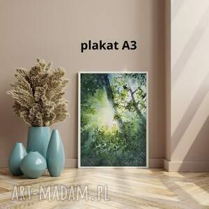 Plakat A3 Promienie słońca w lesie - artystyczna akwarela