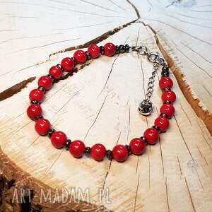 Bransoletka czerwony jadeit BS21 - naturalne kulki 6 mm i hematyt