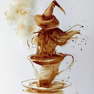 czary przy kawie obraz namalowany kawą artystki adriany laube, wiedźma
