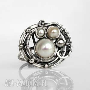 planety - srebrny pierścionek z perłami, wire wrapping, perły naturalne