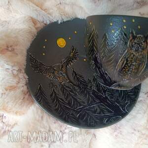nocne sowy ręcznie malowany komplet, porcelana ptaki, prezent na urodziny