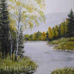 Prezent PEJZAŻ AKRYLOWY RĘCZNIE MALOWANY NA PŁÓTNIE W ZŁOTAWYCH