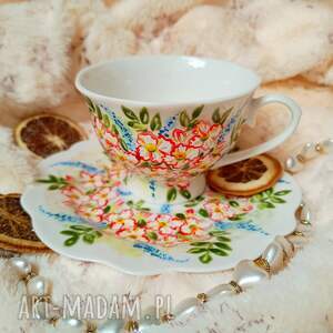 ceramika kwiatowy komplet ręcznie malowany 200 ml, malowana porcelana, malowane