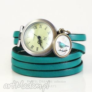 handmade zegarki bransoletka, zegarek - turkusowy ptaszek morski, skórzany