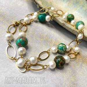 łańcuszkowy naszyjnik z perłami i jaspisem c1342 - złocony naszyjnik