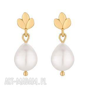 Złote kolczyki listki z perłami, pozłacane, perła, sztyfty