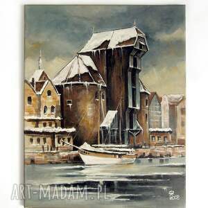 gdańsk pierwszy śnieg - obraz olejny na płótnie pejzaż miejski, malarstwo