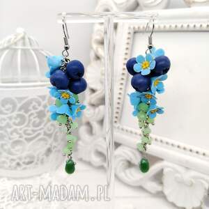 kolczykigrono niezapominajki z jagodami gliny polimerowej, długie kolczyki