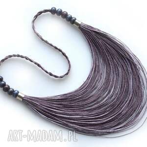 fioletowy długi naszyjnik z lnianych sznurków sznurka