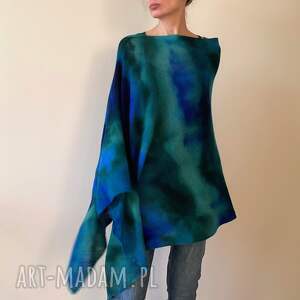 poncho ponczo z wełny merino szmaragd szafir, tunika narzutka oversize prezent