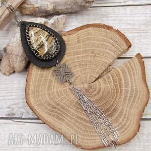 wisior skórzany z jaspisem oceanicznym i łańcuszkami, biżuteria alternatywna