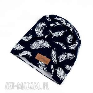 ręcznie wykonane czapki ciemno granatowa czapka w piórka beanie unisex