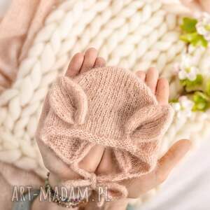 handmade czapki bonetka niemowlęca pudrowy róż