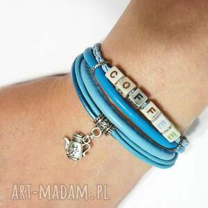 bransoletka - coffee rzemienie, niebieska, kawa, imbryk niej, prezent