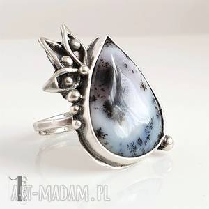anemone srebrny pierścień z agatem dendrytowym, pierścionek, regulowany