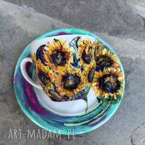Porcelanowa filiżanka ze spodkiem ręcznie malowana Słoneczniki